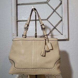 Coach Beige Hampton Pebbled Tassel Shoulder Handbag with Adjustable Straps